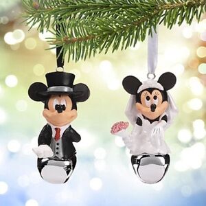 Disney Parks Bride and Groom Mickey and Minnie Wedding Bell Ornament Set